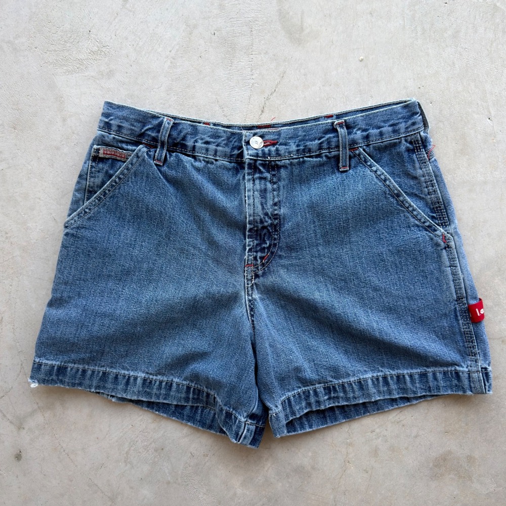 Vintage LEI Workwear Denim Shorts High Rise Carpenter Medium Wash Red Stitch 9